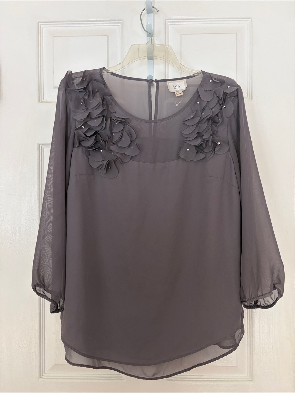 Vici Gray Floral Appliqué Sheer Sleeve Blouse